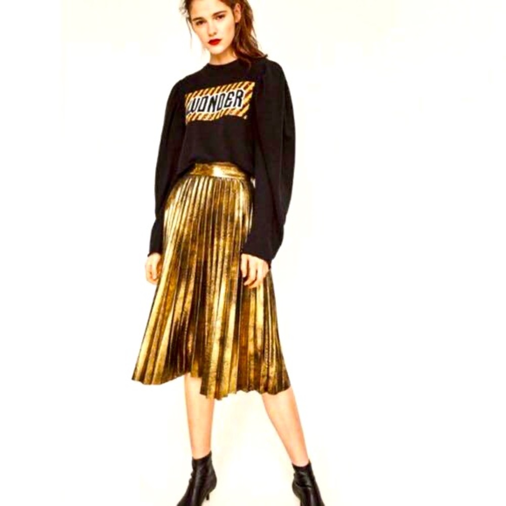 ZARA GOLD BLACK Metallic Midi Skirt